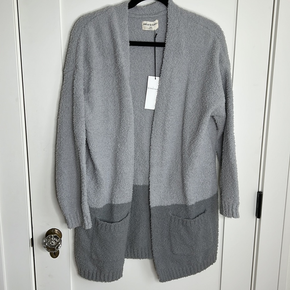 🕶️NWT⚡️Thread & Supply Grey Open Front Cozy Pocket Cardigan L/XL - Picture 5 of 9